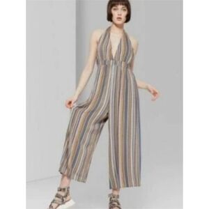 Wild Fable Striped Sleeveless V-neck Halter Wide Leg Jumpsuit Multicolor Size 2X